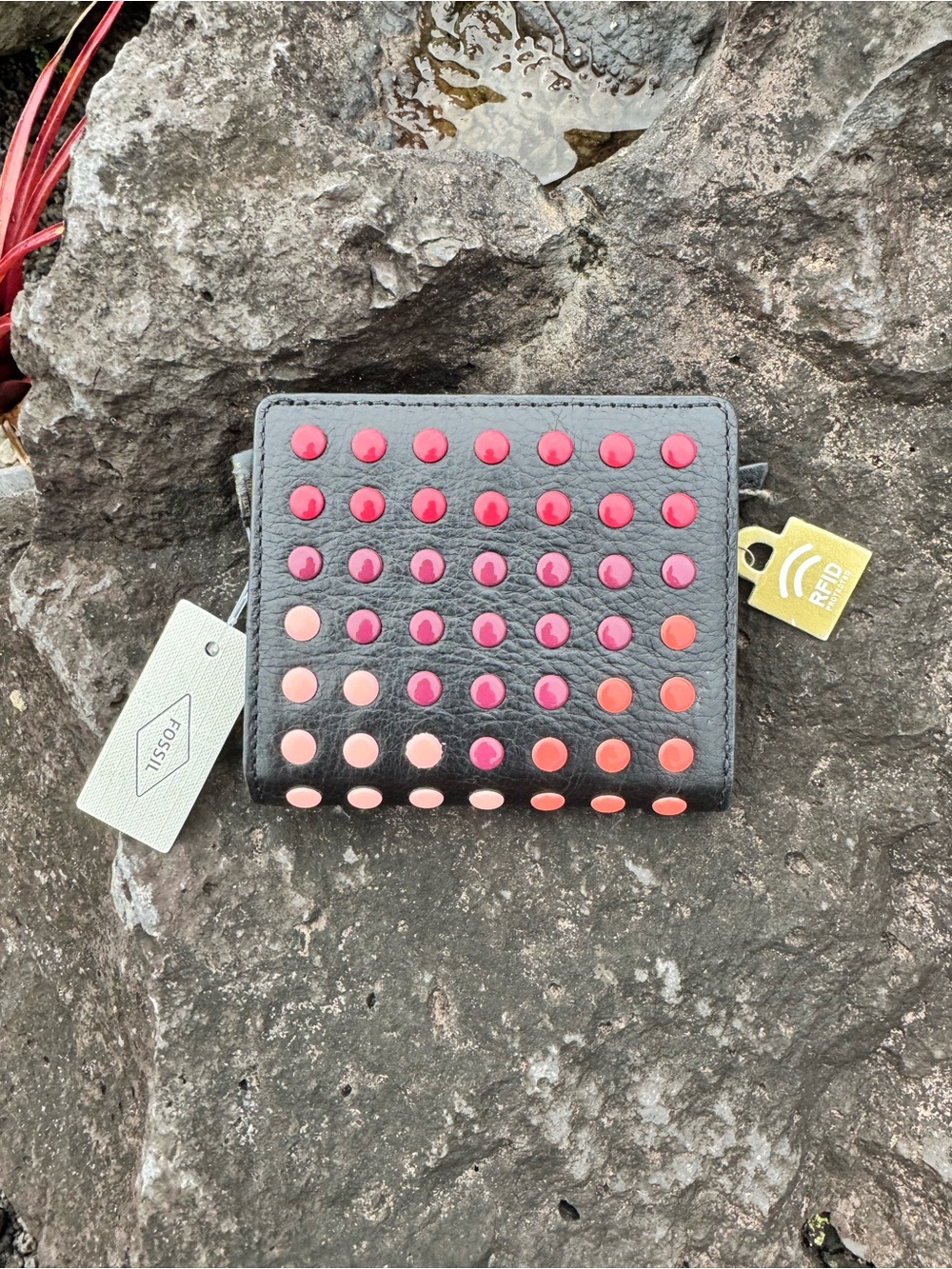 Fossil Black Leather RFID Bifold Wallet Colorful Studs NWT